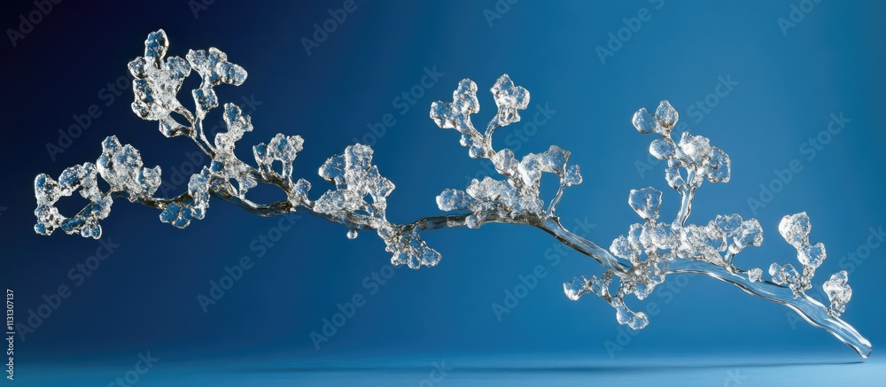 Poster frosted branch with crystal-like droplets set against a serene blue backdrop highlighting winter's d