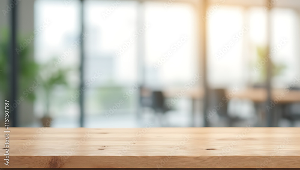Poster a wood table sits atop a blurred white glass window backdrop in an office setting used for product d