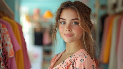 Fashionista trying on new outfits in trendy clothing store fitting room