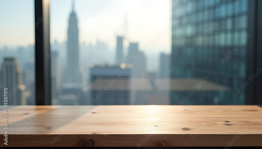Poster a wood table is placed in front of a blurred glass window with a cityscape in the background for vis