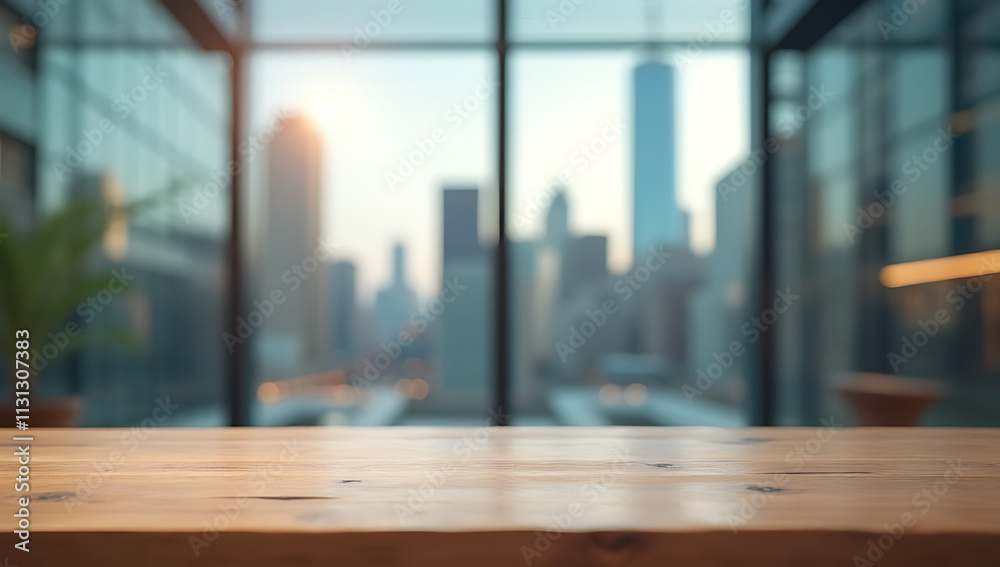 Poster A wood table is placed in front of a blurred glass window with a cityscape in the background for visual storytelling._00002_