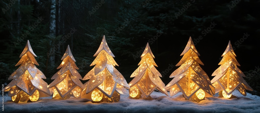 Poster festive illuminated christmas tree decorations creating a cozy holiday atmosphere in a winter forest