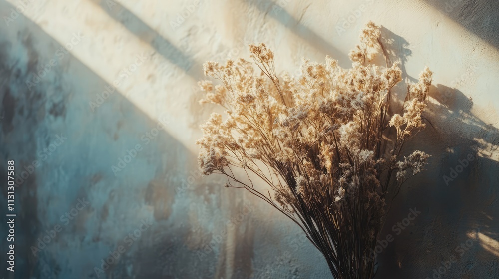 Poster natural backdrop featuring a close-up of dried flowers with sunbeams illuminating a textured wall cr