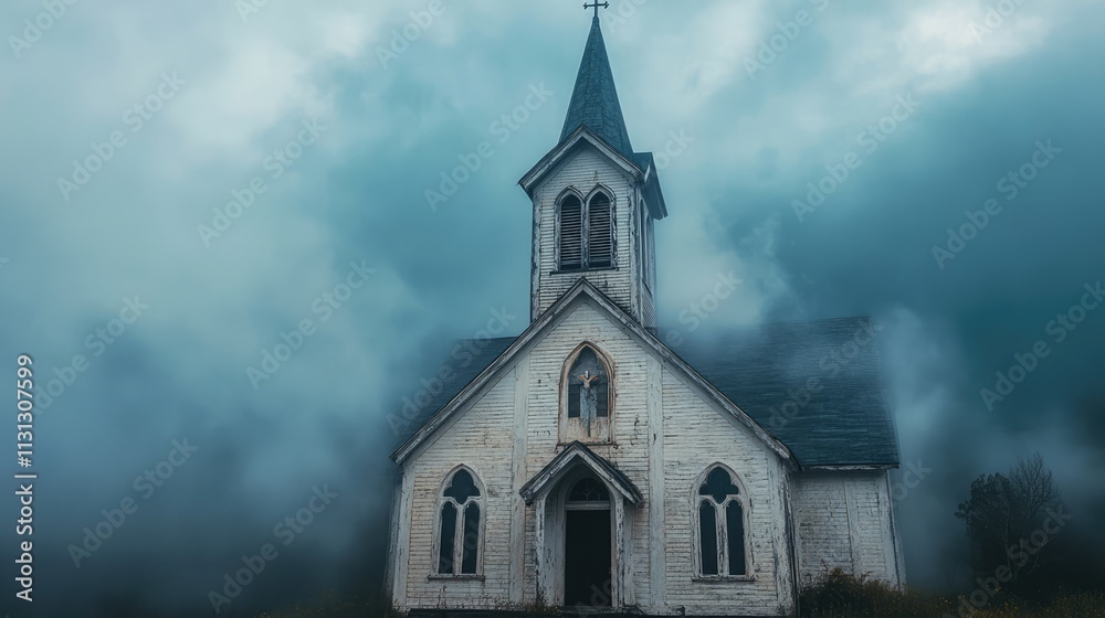 Poster mysterious old church surrounded by fog with a dramatic sky creating an eerie atmosphere and a sense