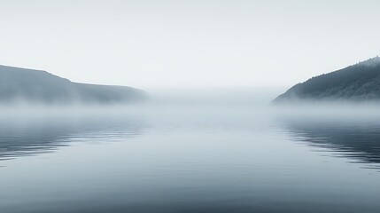 A soft, blurred mist over a tranquil lake with a clear, open sky 