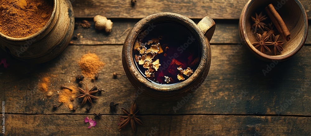 Poster mulled wine in a rustic mug with spices and ingredients on a wooden surface top view cozy winter dri