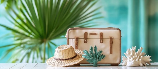 Stylish vacation essentials with suitcase, straw hat, and ocean decor against a tropical background for travel package inspiration