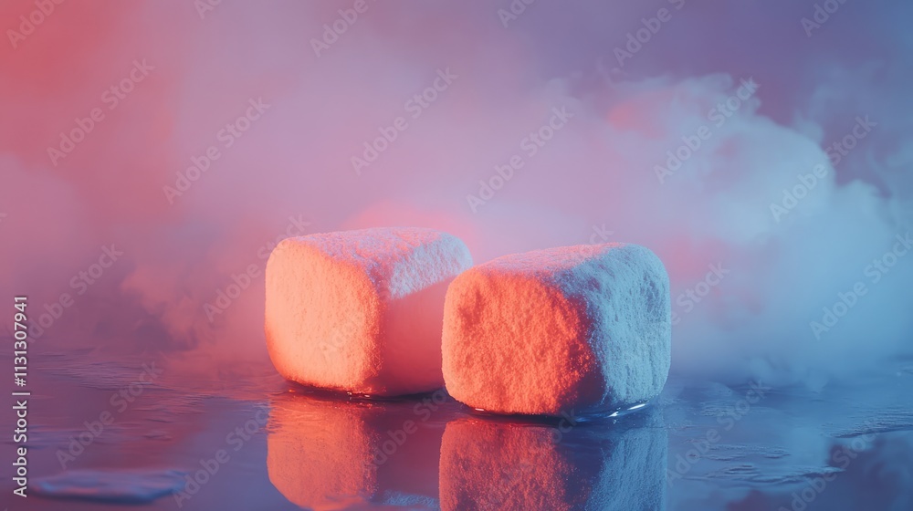 Poster Soft marshmallows on a reflective surface with colorful smoke background creating a dreamy atmospheric effect in low light setting