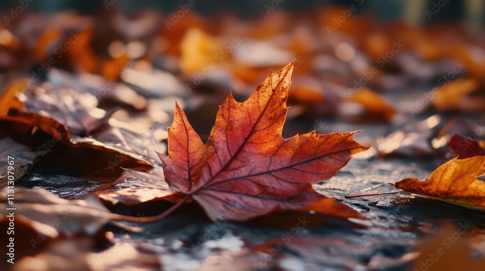 Poster autumn leaves close up in soft light capturing natural warmth and texture of fallen foliage on the g