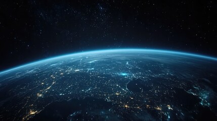 Fototapeta premium Earth from space featuring illuminated city networks glowing lines and a blue atmospheric aura against a dark backdrop with faint stars