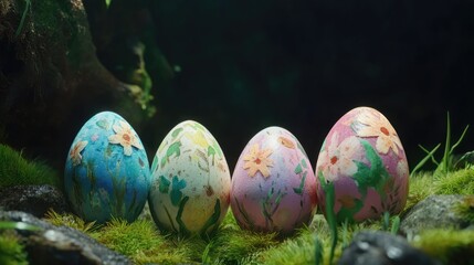 Fototapeta premium Colorful decorated Easter eggs on lush green moss showcasing floral designs and vibrant colors in a serene natural setting.