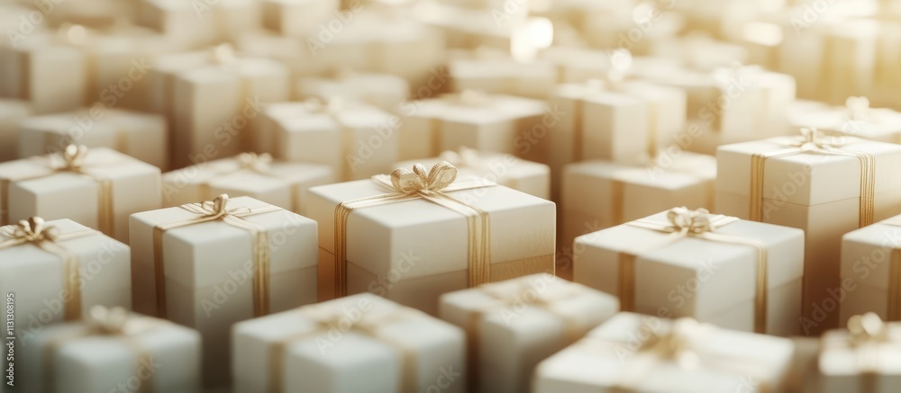 Aufkleber panoramic view of numerous elegantly wrapped gift boxes with gold ribbons creating a festive atmosph