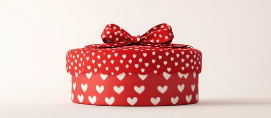 Obraz premium Red gift box with white hearts and bow on a white background ideal for holiday celebrations and romantic occasions.