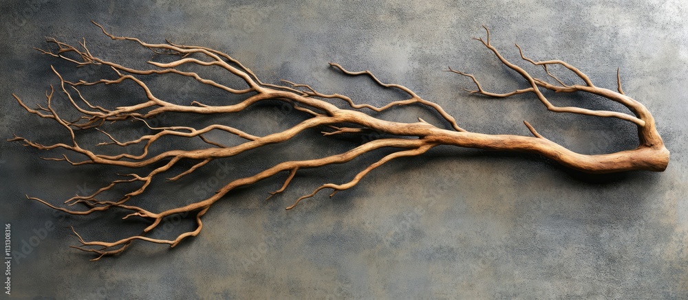 Poster artistic flat lay of unique tree branch arrangement showcasing nature's textures and forms for creat