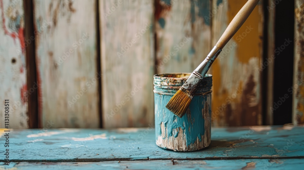 Poster natural water tint in a jar with paint brush resting on a weathered wooden surface after sanding rea