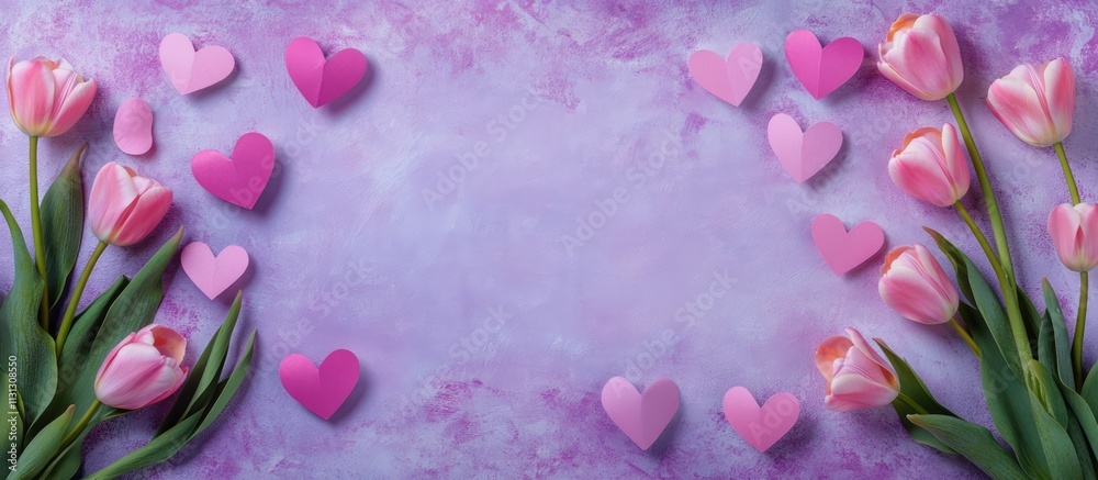 Aufkleber mother's day flat lay with tulips and pink hearts on pastel purple background featuring empty frame 