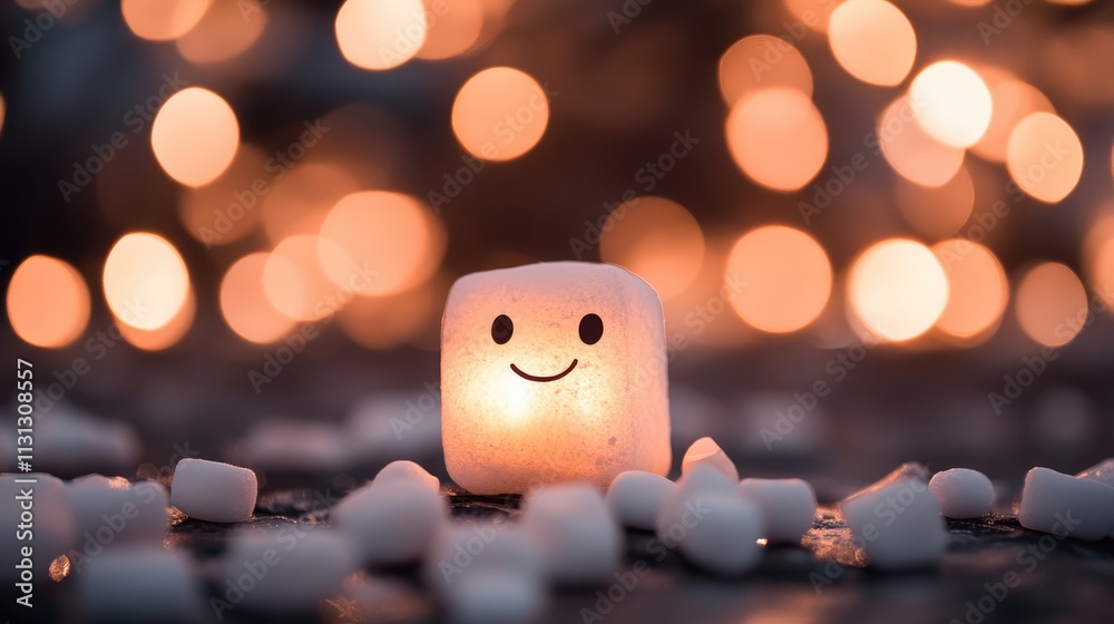 Aufkleber Smiling marshmallow illuminated by warm bokeh lights creating a cozy and whimsical atmosphere for festive or culinary themes