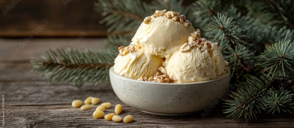Poster Pineapple ice cream with pine nuts displayed in a bowl surrounded by fir tree branches on a rustic wooden background