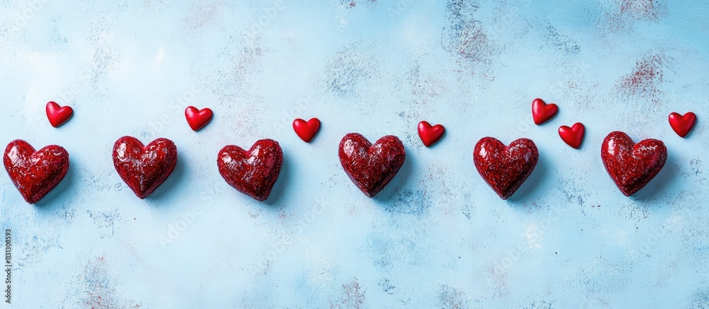 Poster Red hearts arranged on a light blue background creating a romantic decorative theme with ample space for personalized text and messages
