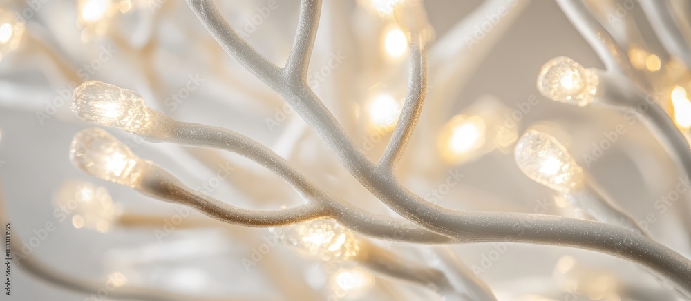 Aufkleber Macro shot of a white artificial tree adorned with glowing lights creating a soft and enchanting atmosphere for festive decor.
