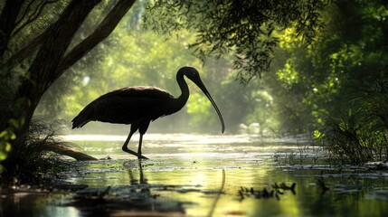 Glossy ibis silhouettes against a misty marsh backdrop while foraging for food in serene nature settings