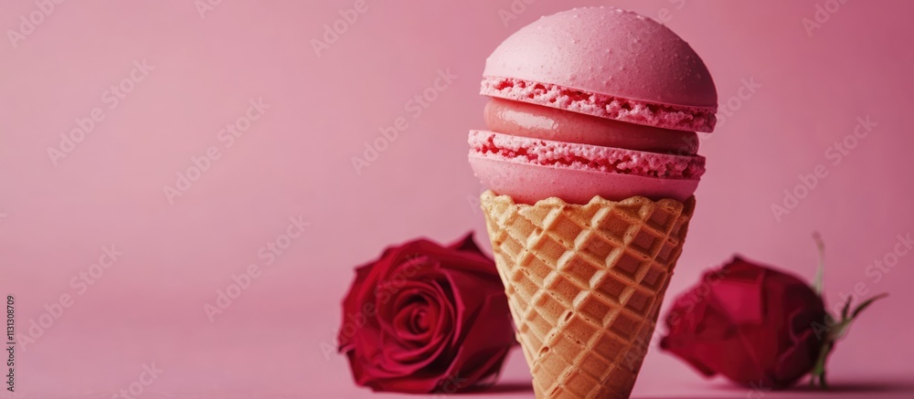 Poster Pink macaron cookies and waffle cone with red rose flowers on pink background featuring ample space for text and graphics