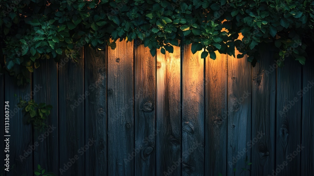 Poster soft warm light illuminating a rustic wooden fence adorned with lush green foliage in a tranquil eve