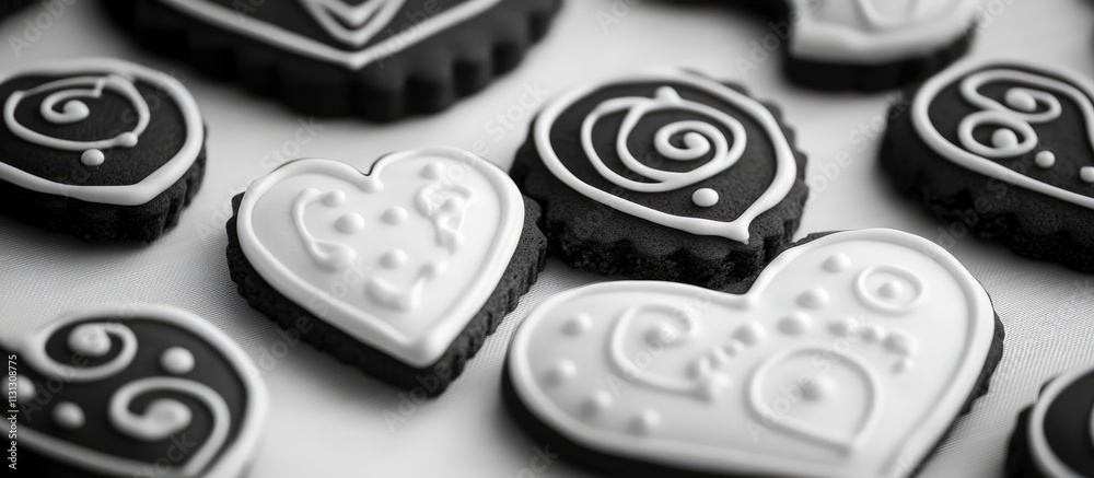 Poster Black and white heart-shaped cookies designed for special events showcasing intricate patterns and elegance
