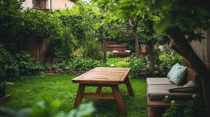 Obraz premium Cozy wooden table and soft sofa in lush backyard garden near residential building creating a tranquil outdoor living space