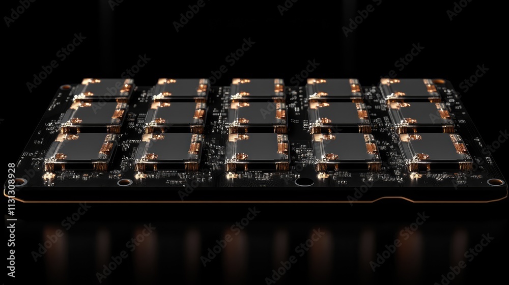 Poster cpu with land grid array circuit board on dark reflective surface showcasing technology and electron