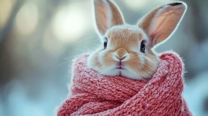 Obraz premium Cute rabbit wrapped in a cozy pink scarf in winter