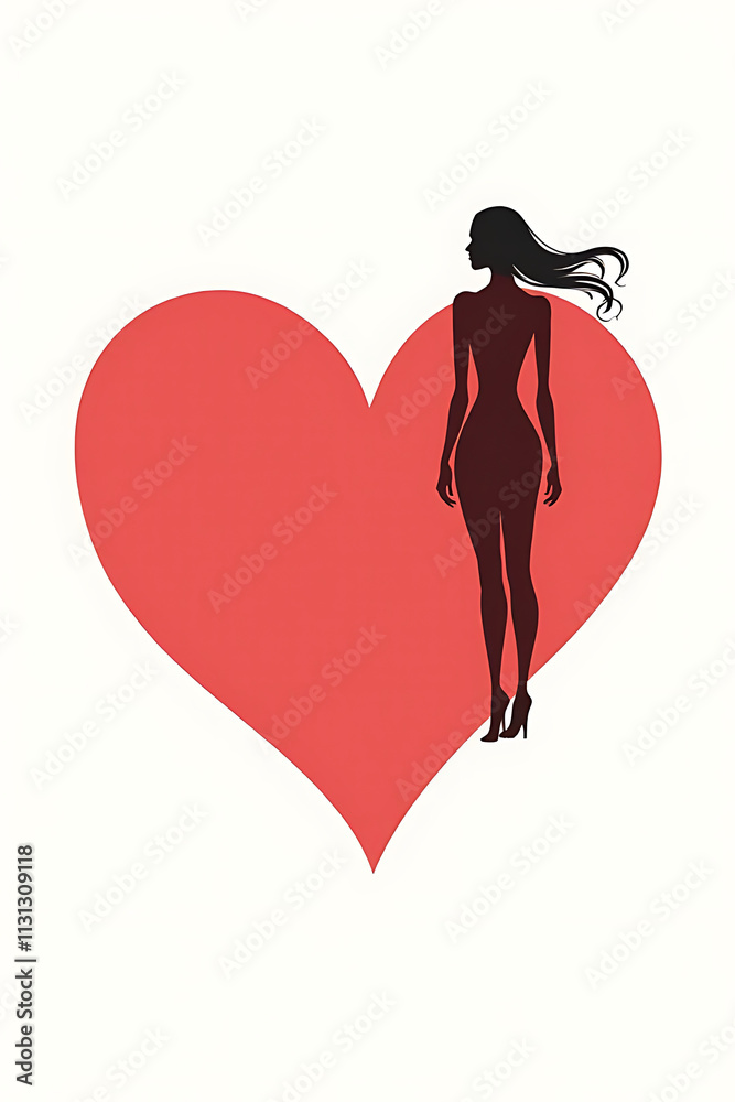 Poster a woman is depicted in a simple yet elegant design featuring a red heart shape against a pure white 