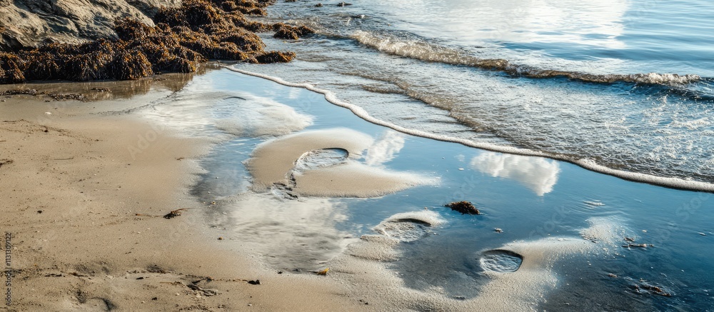 Poster Tranquil shoreline scene featuring unique imprints in the sand reflecting clouds and enhancing the natural beauty of the coastline