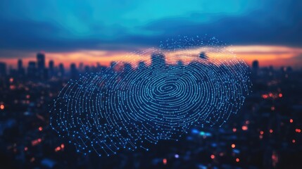 Digital fingerprint icon overlaying city skyline at dusk representing cybersecurity innovation and digital protection concept