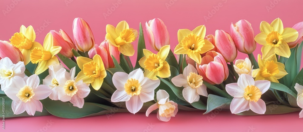 Poster colorful spring floral arrangement of tulips and daffodils against a pink backdrop with ample copy s