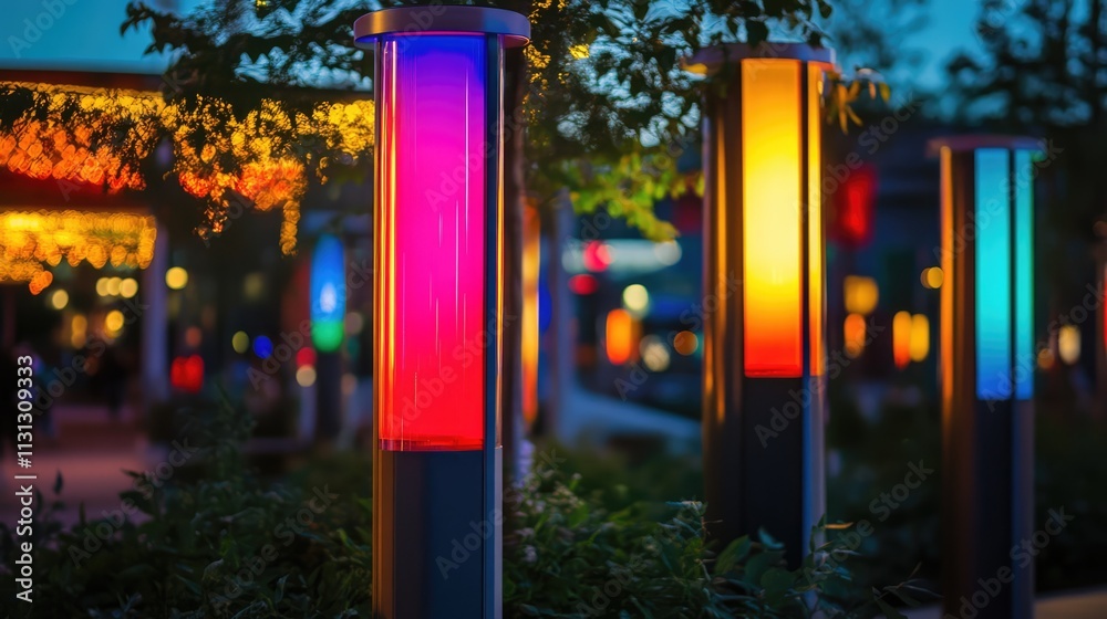 Poster colorful illuminated light poles creating a vibrant ambiance in an outdoor setting at dusk with lush