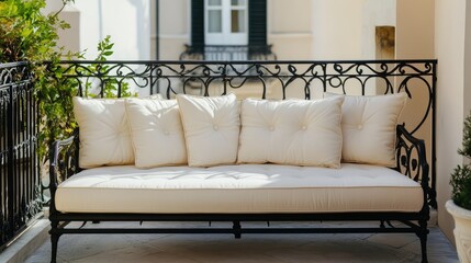 Elegant outdoor balcony featuring a beautifully designed empty sofa with plush cushions surrounded by greenery and natural light