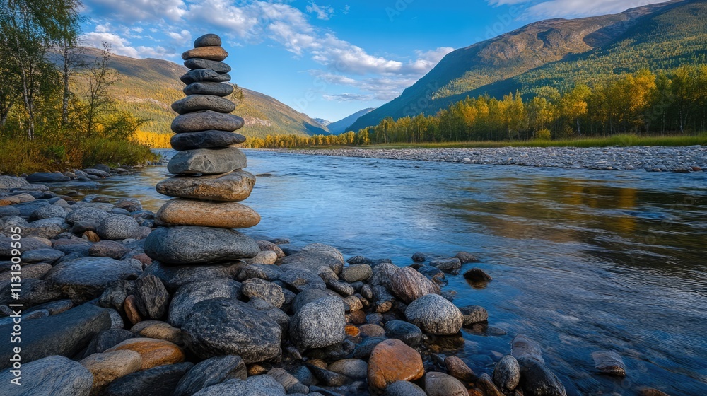 Poster piled natural rocks of various sizes along a serene river with mountains and vibrant autumn trees in