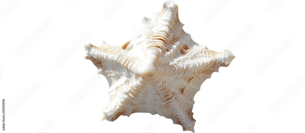 Poster Star-shaped seashell isolated on white background showcasing intricate textures and natural patterns perfect for coastal themes and decor.