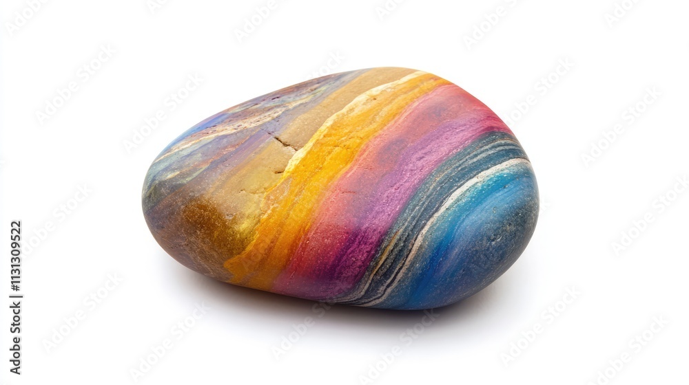 Poster multicolored smooth stone with vibrant stripes isolated on a clean white background showcasing natur