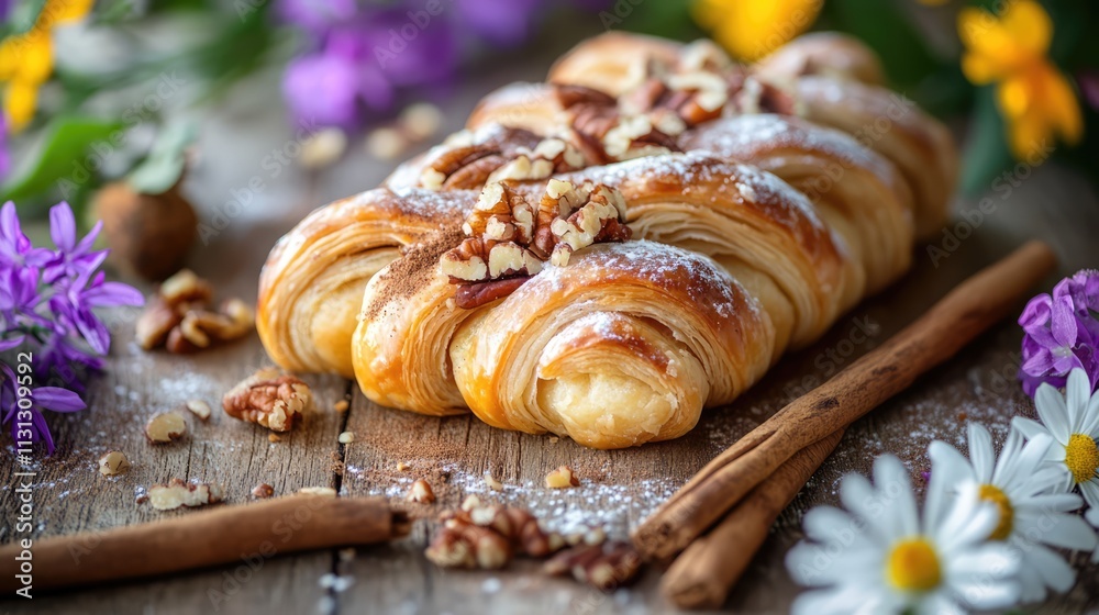 Poster pecan pastry with cinnamon and floral decoration on a rustic table perfect for breakfast or dessert 