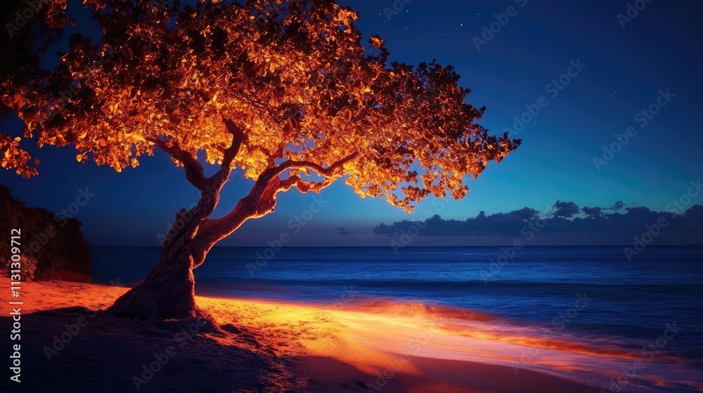 Poster serene coastal twilight scene with glowing tree illuminating the sandy beach under a starry sky in v