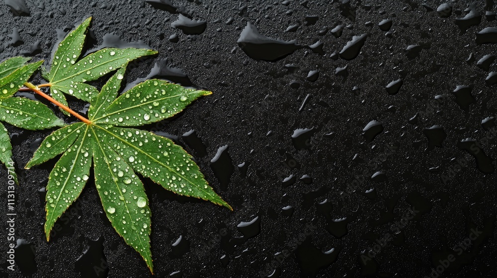 Poster green leaf with raindrops on black background creating a serene and natural atmosphere in a minimali