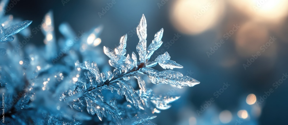 Poster Frosted snowflake close-up shimmering in winter light highlighting the intricate details of ice and seasonal beauty