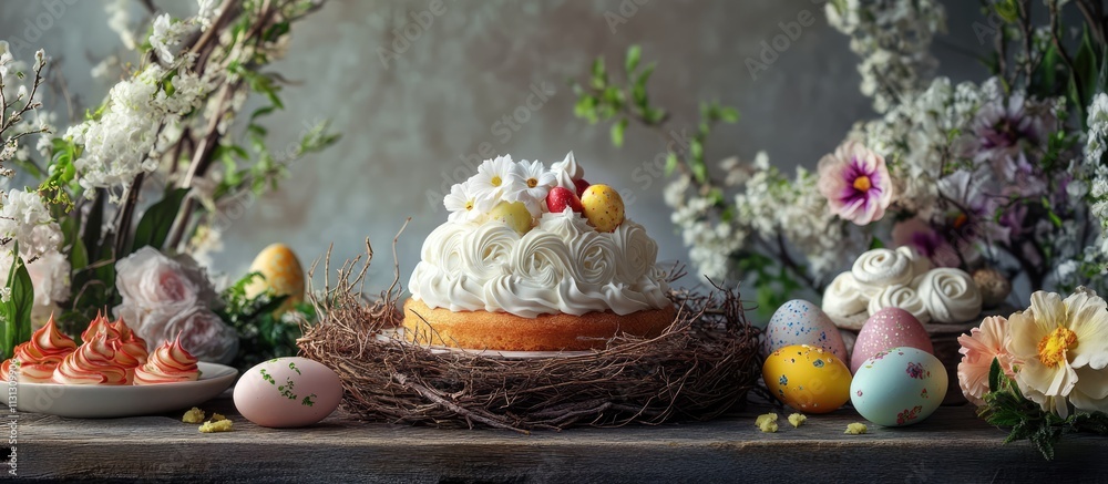 Poster easter celebration with festive cakes and meringue sweets surrounded by colorful eggs and flowers on