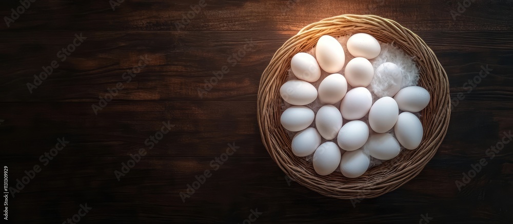 Aufkleber white chicken eggs in a circular basket on a dark wooden table with empty space for text ideal for s