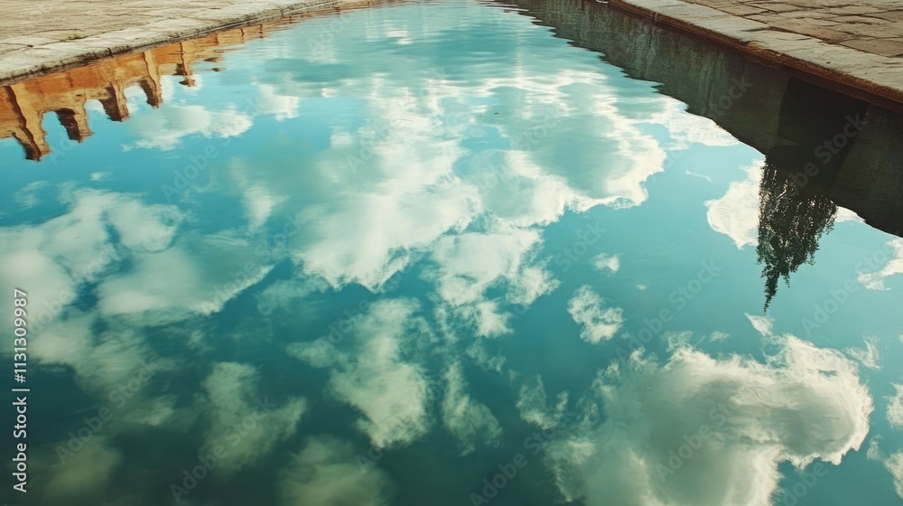 Poster tranquil lake reflecting blue sky and fluffy clouds creating a serene natural landscape setting for 