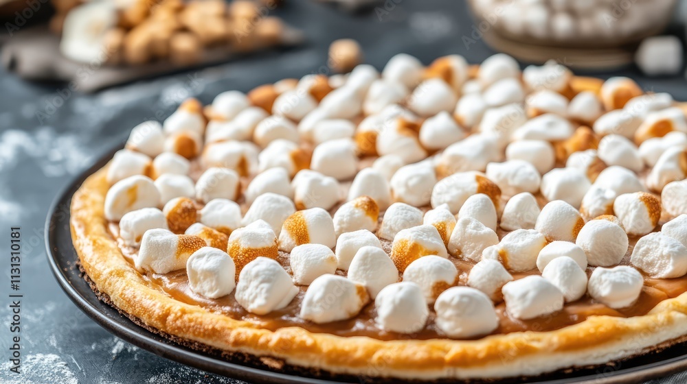 Poster marshmallow topped dessert pizza on a dark textured background with a rustic setup showcasing unique