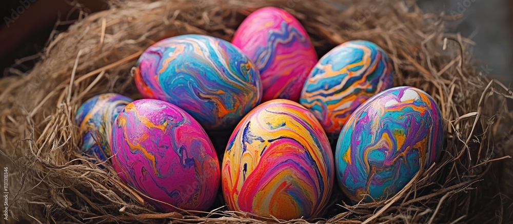 Poster Vibrant and colorfully decorated Easter eggs nestled in a rustic straw nest showcasing artistic patterns for spring celebrations.