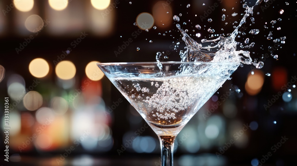 Poster Elegant Vodka Martini Splash Captured in Motion with Bokeh Background and High Detail Droplets